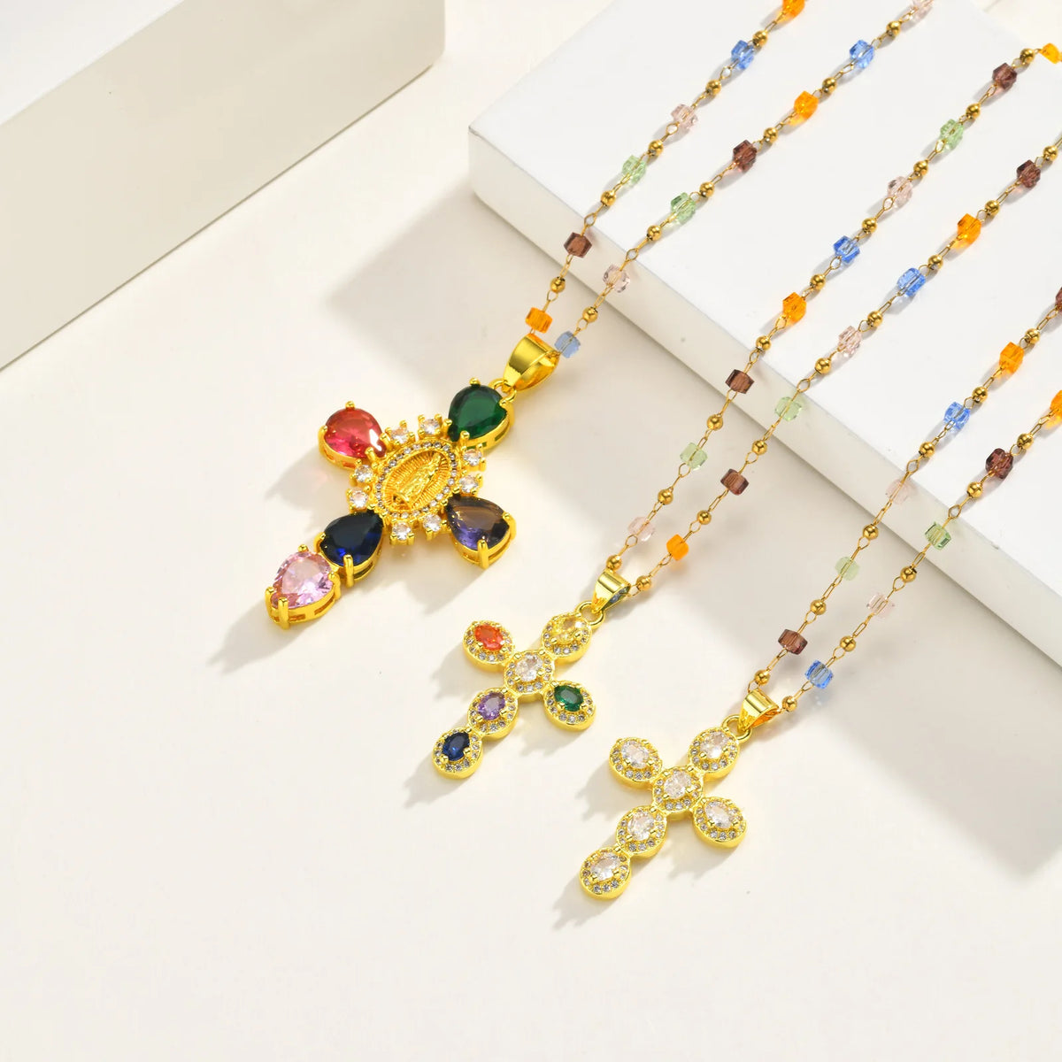 Multicolor CZ Cross Necklace – 18K Gold Plated Stainless Steel Cross Pendant Necklace SPOT