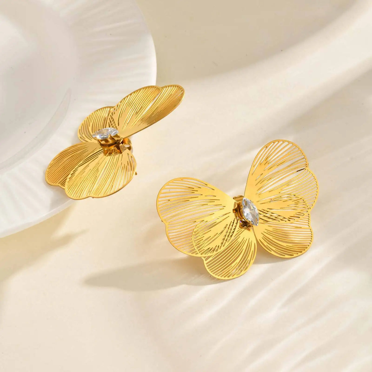 Butterfly Wing CZ Stud Earrings – Gold Stainless Steel Women Stud Earrings SPOT