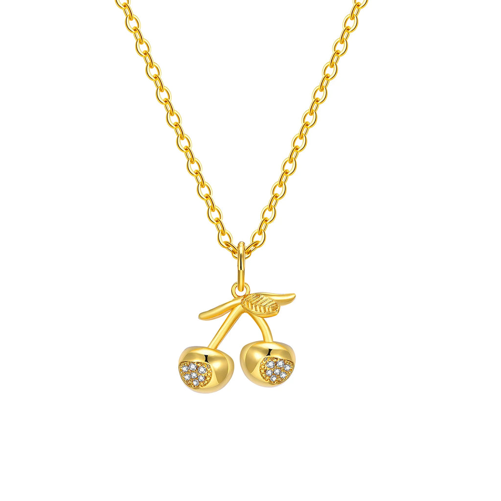 Women's CZ Cherry Pendant Necklace – Gold Stainless Steel Chain Pendant Necklace SPOT 35cm-40cm