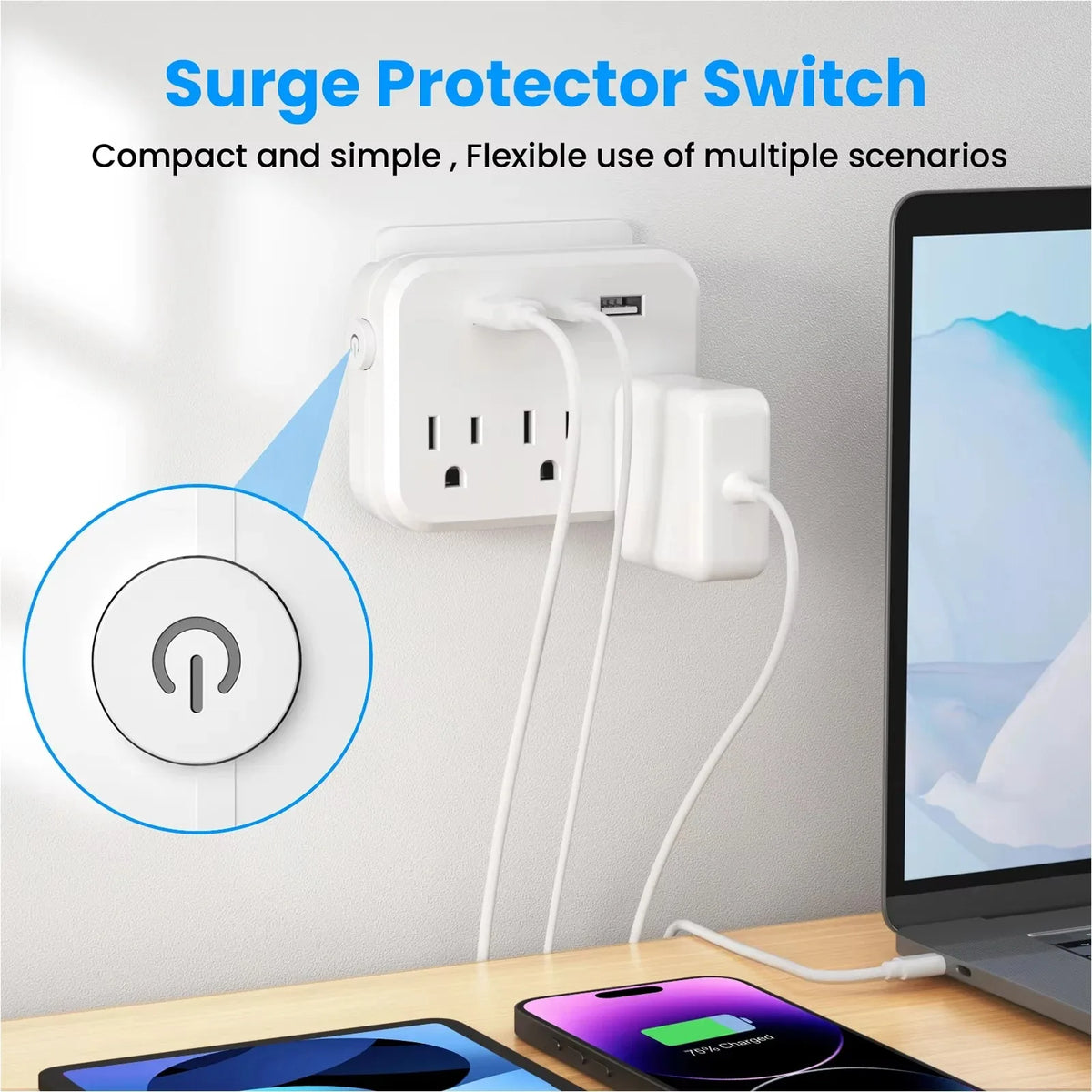 6-in-1 Mini Power Strip Surge Protector – 3 Outlets, 2 USB, USB-C Power Strip SPOT