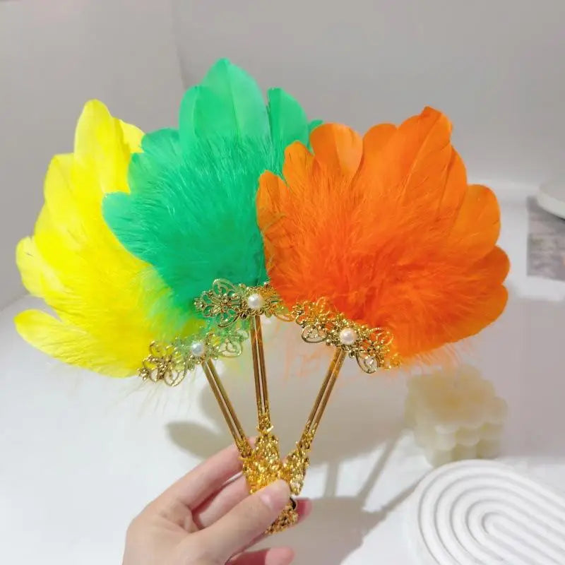 Vintage Fluffy Feather Fan Gold Handle – Stage, Party & Cosplay Decorative Feather Fan SPOT