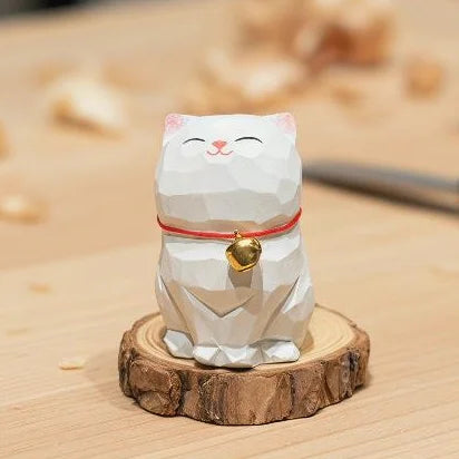 Hand-Carved Wooden Cat Figurine – Lucky Desk Ornament Wood Cat Figurine SPOT