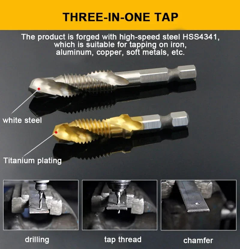 6-Pc Metric Titanium Drill Tap Bit Set M3–M10 | 1/4" Hex Shank Drill Tap Bit Set SPOT