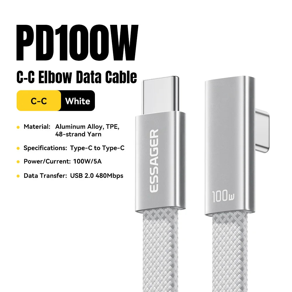 Essager 100W Elbow USB-C Cable – Fast Charging, 1m USB-C Charging Cable SPOT WHITE 1m