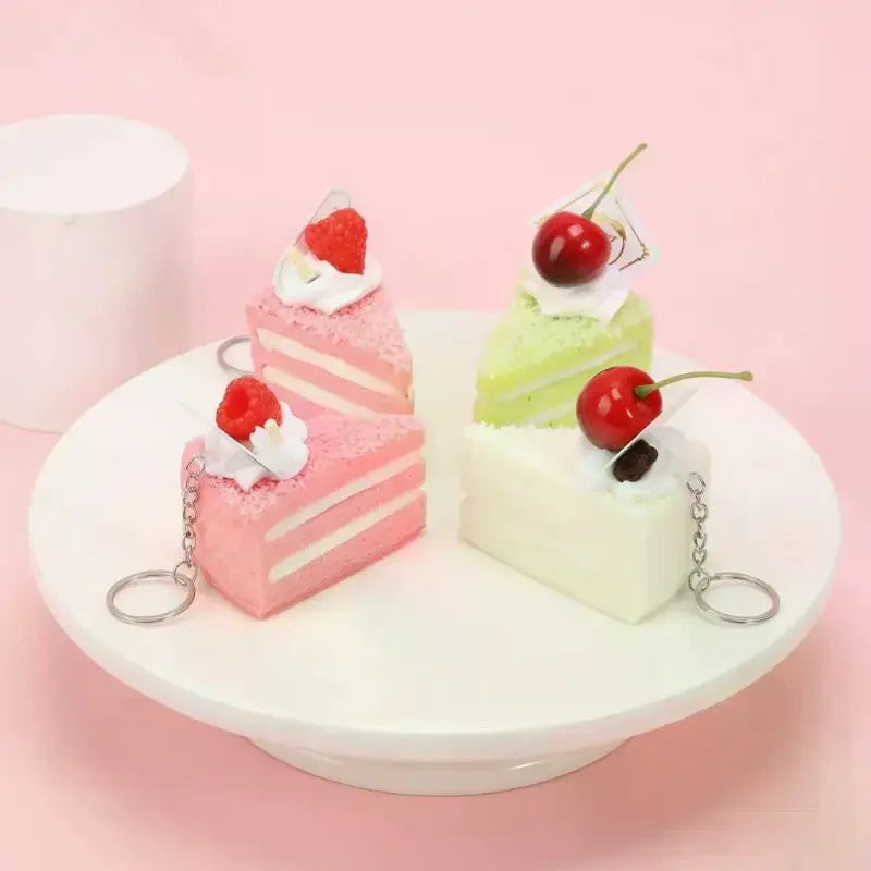 Realistic Cake Slice Keychain – PU Fruit Topping Bag Charm Novelty Keychain SPOT