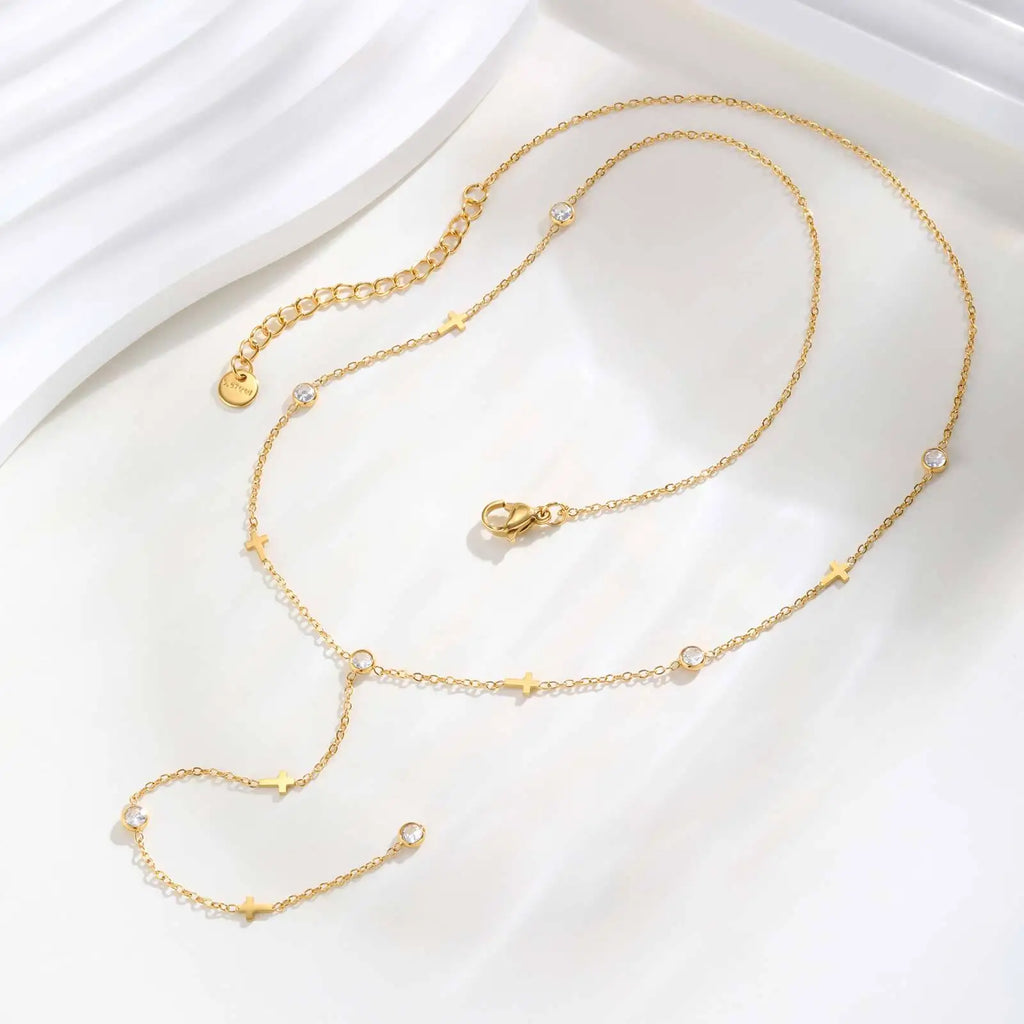 Cross Y-Shaped Lariat Necklace – Gold Zirconia Drop Chain Lariat Chain Necklace SPOT