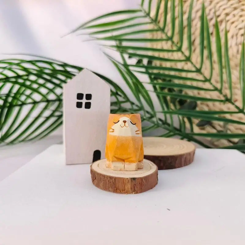 Wooden Mini Cat & Dog Figurines – Hand-Painted Desktop Decor Wooden Animal Figurine SPOT A5