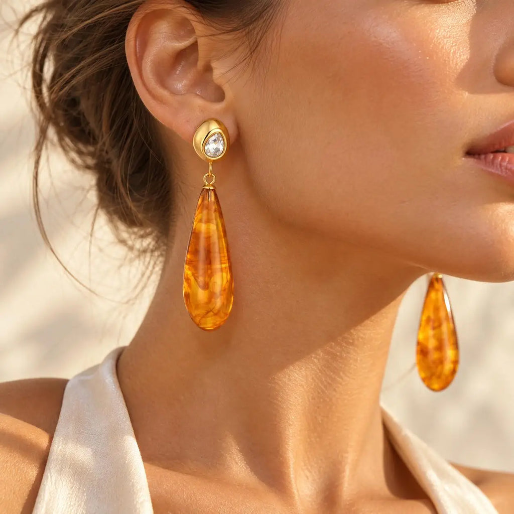 Amber Resin Teardrop Earrings – 18K Gold Plated Dangle Drop Dangle Earrings SPOT