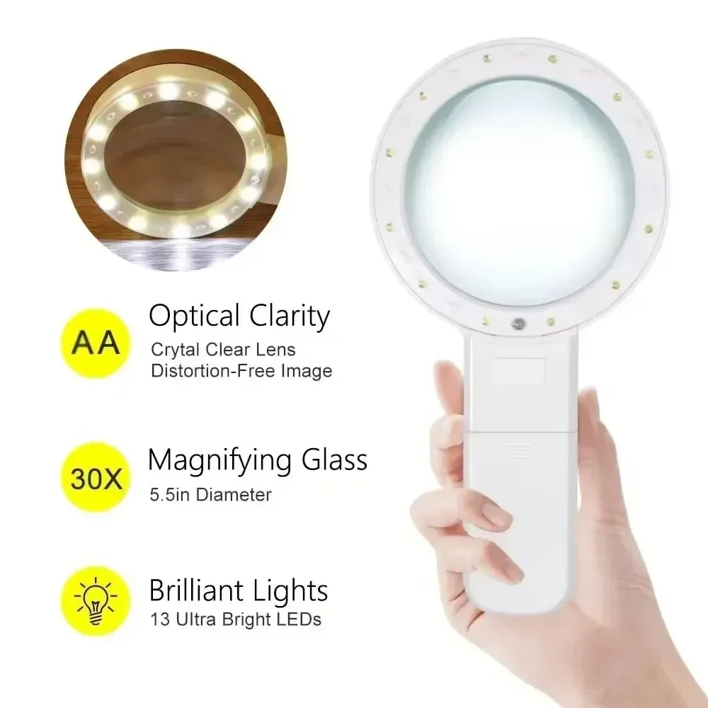 30X Hand-Held LED Magnifier – 12 LED Lights for Reading LED Magnifying Glass SPOT