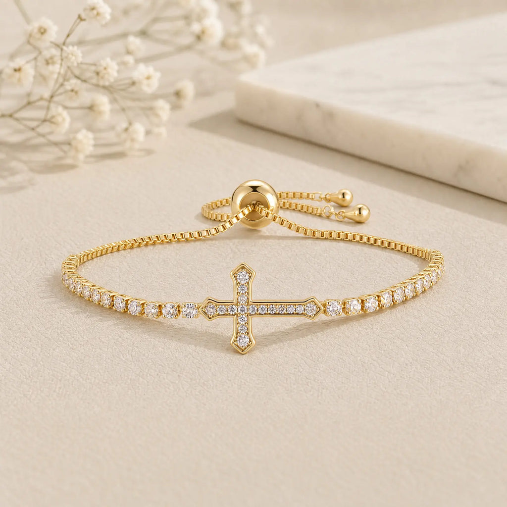 CZ Cross Tennis Bracelet – 18K Gold Plated, Hypoallergenic CZ Link Bracelet SPOT
