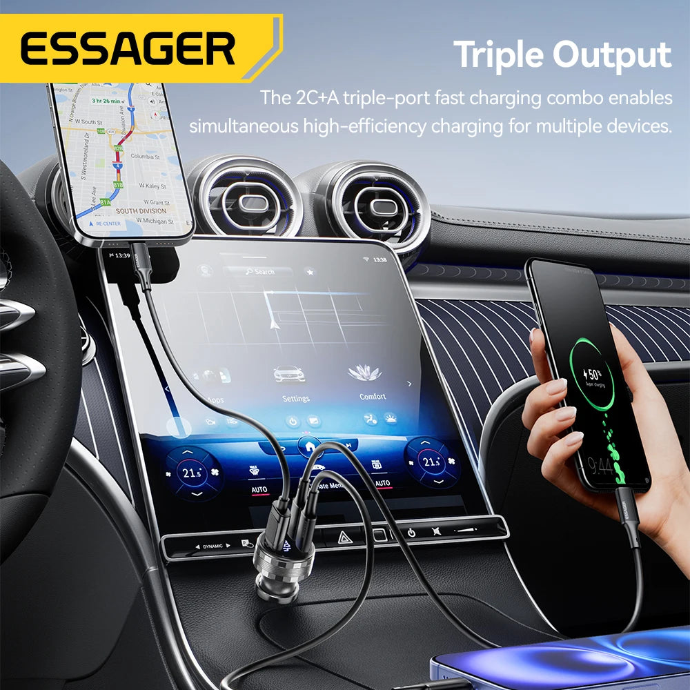 Essager 108W 3-Port Car Charger – PD3.0 & QC3.0 Fast Charge USB Car Charger SPOT