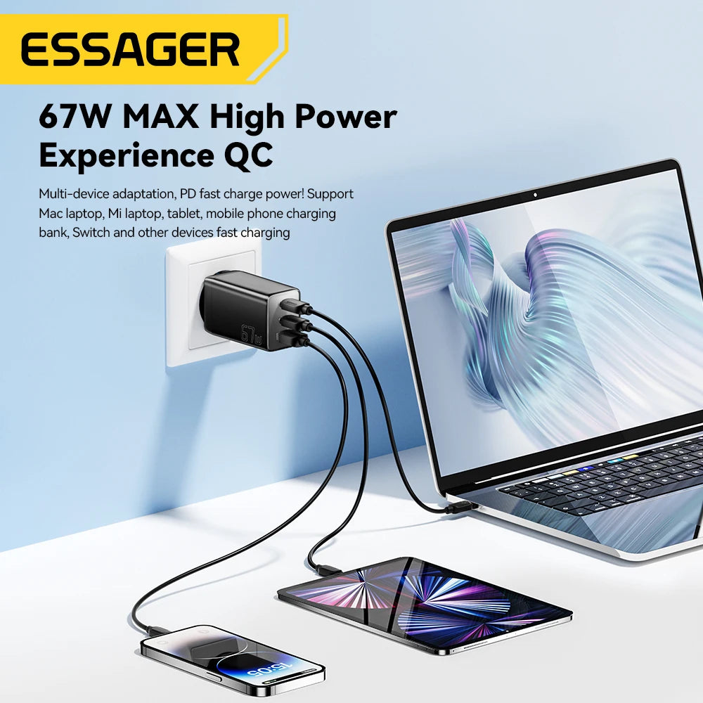 Essager GaN 67W 3-Port USB-C Wall Charger PD 3.0 QC 4.0 GaN Wall Charger SPOT