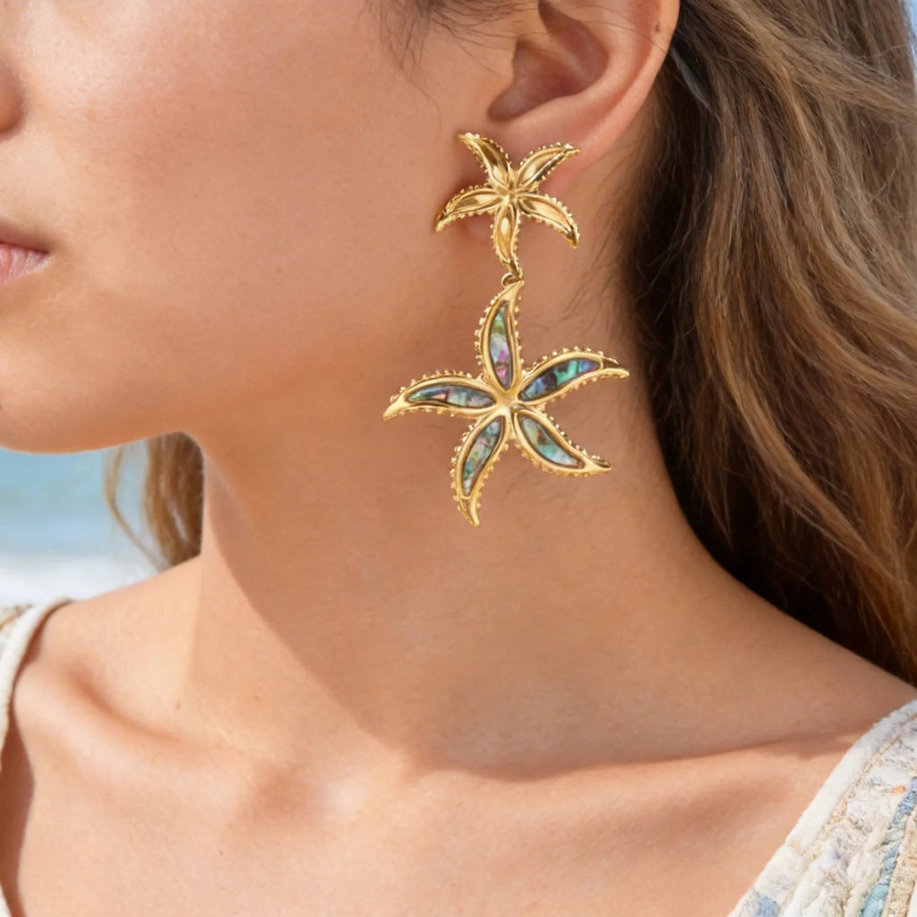 Double Starfish Abalone Shell Drop Earrings | Gold Dangle Drop Dangle Earrings SPOT