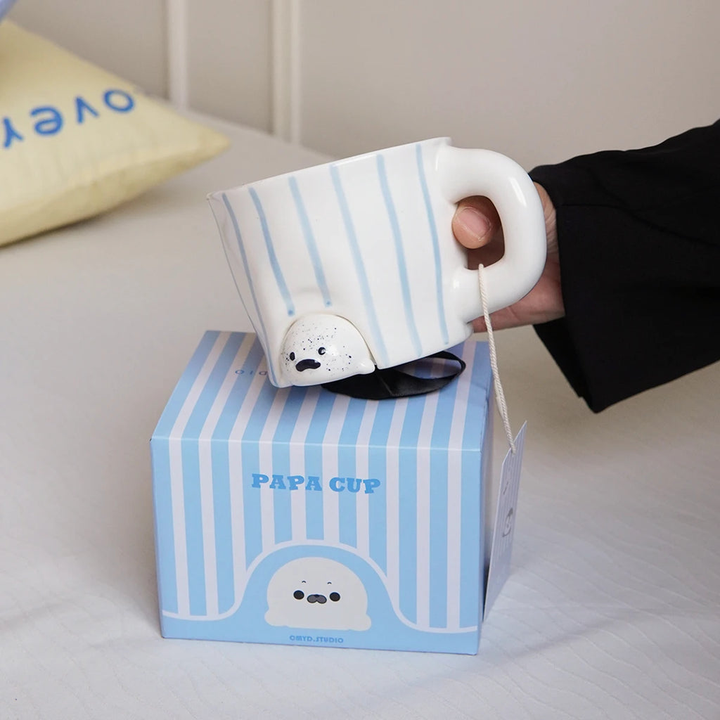 Cute Penguin Ceramic Coffee Mug – Striped Porcelain Cup Ceramic Coffee Mug SPOT Sea Lion 301-400ml
