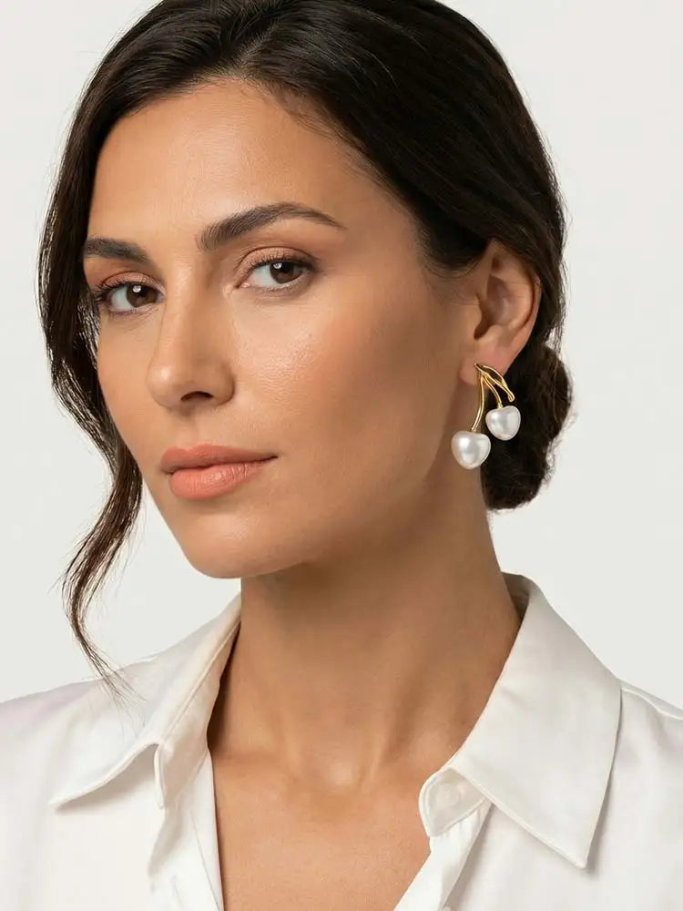 18K Gold Pearl Cherry Earrings – Hypoallergenic Stud Earrings Drop Stud Earrings SPOT