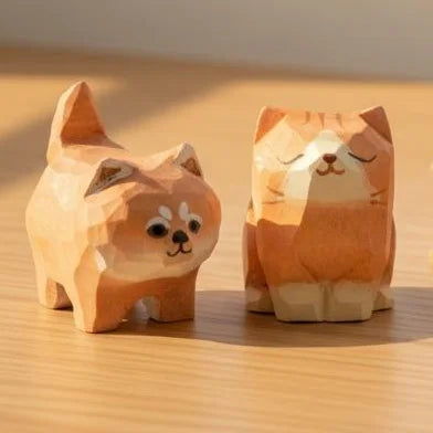 Hand-Carved Basswood Shiba Inu & Cat Figurine | Desk Decor Wood Figurine SPOT