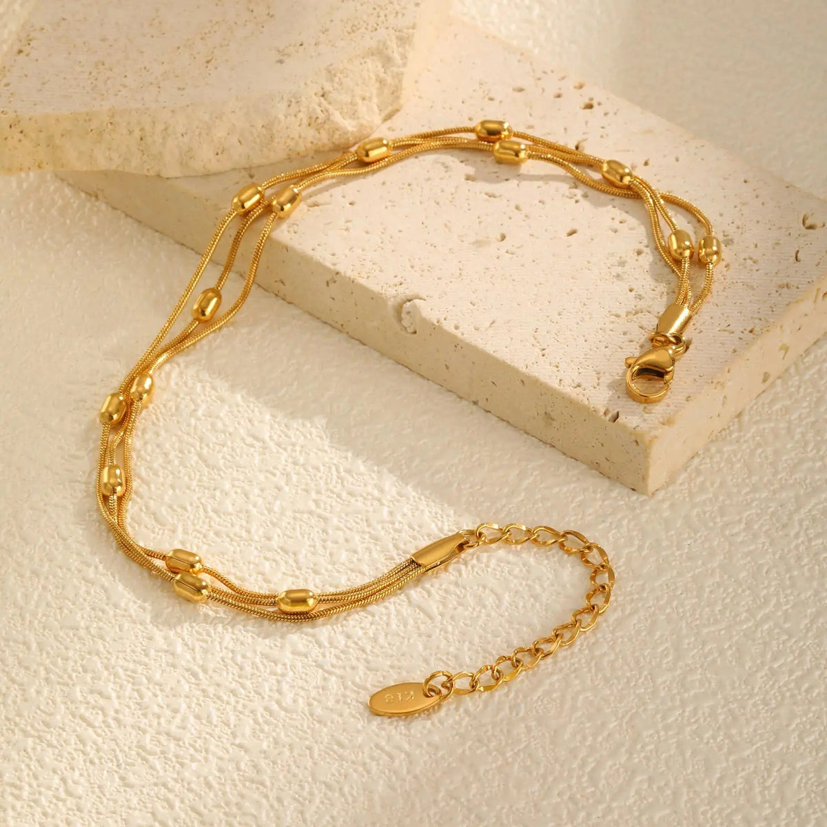 Triple Link Beaded Anklet – Waterproof Gold Stainless Steel Beaded Ankle Bracelet SPOT