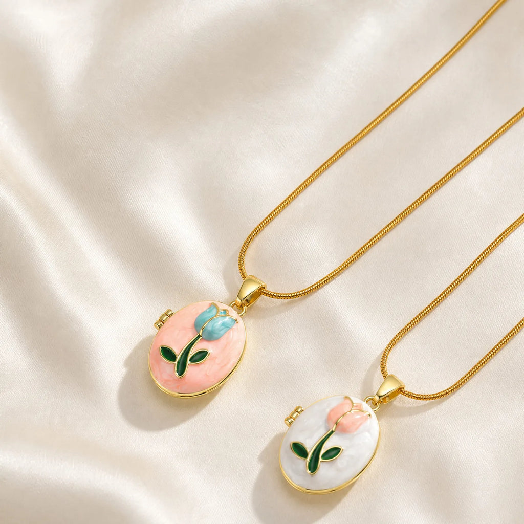 Custom Photo Enamel Flower Locket Necklace | 18K Gold Plated Locket Necklace SPOT