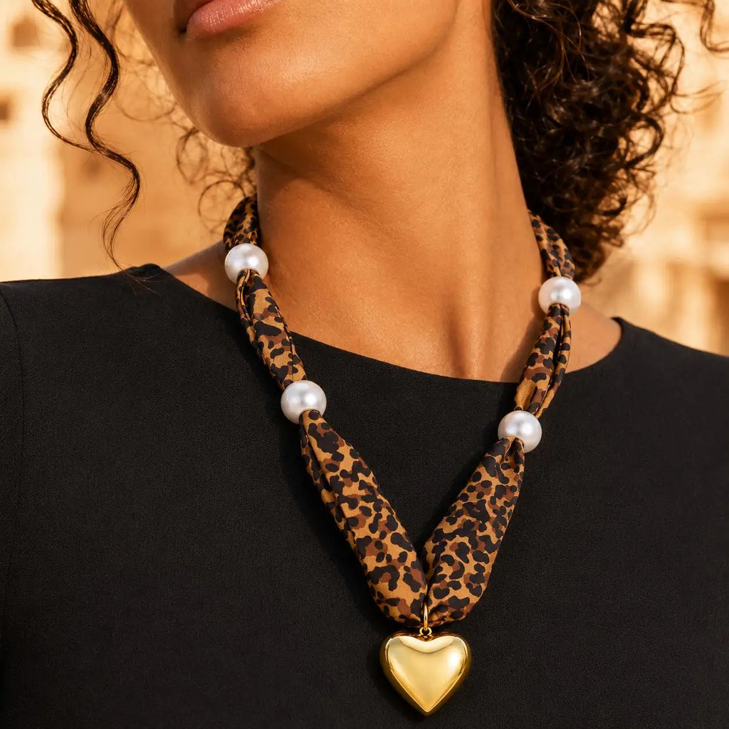 Leopard Scarf Necklace – 18K Gold Heart Pendant, Hypoallergenic Pendant Scarf Necklace SPOT Default Title