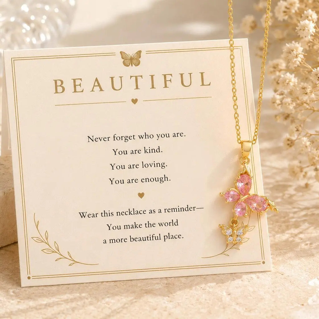 Double Butterfly Necklace – 18K Gold Plated Pink CZ Pendant Pendant Necklace SPOT