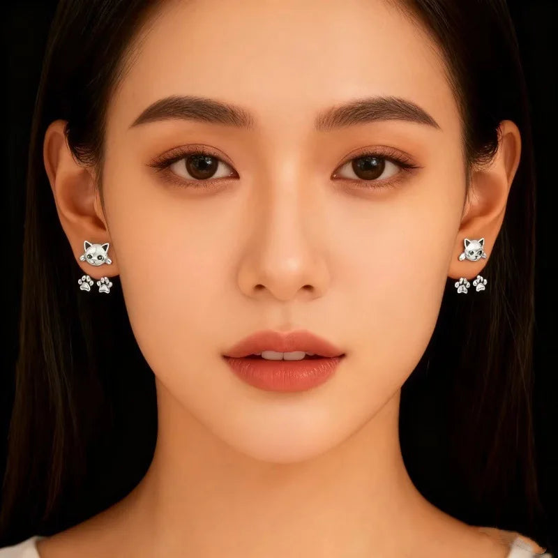 Vintage Silver Cat Paw Drop Earrings – Cute Animal Jewelry Drop Earrings SPOT