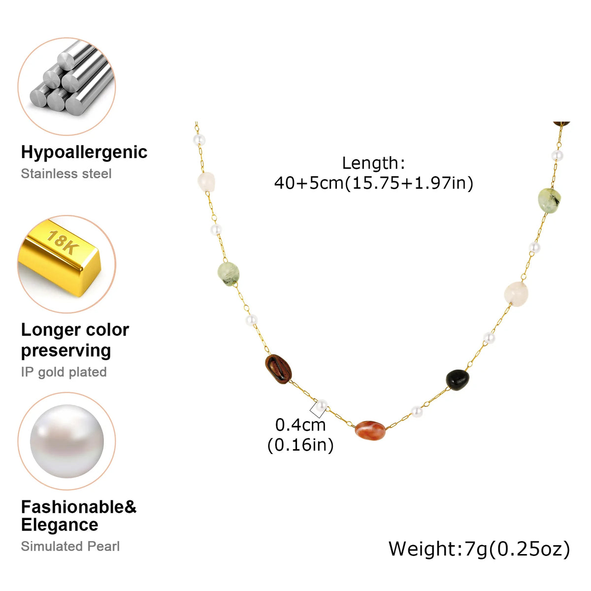 Natural Stone Beaded Station Necklace – Stainless Steel Chain Beaded Stone Necklace SPOT