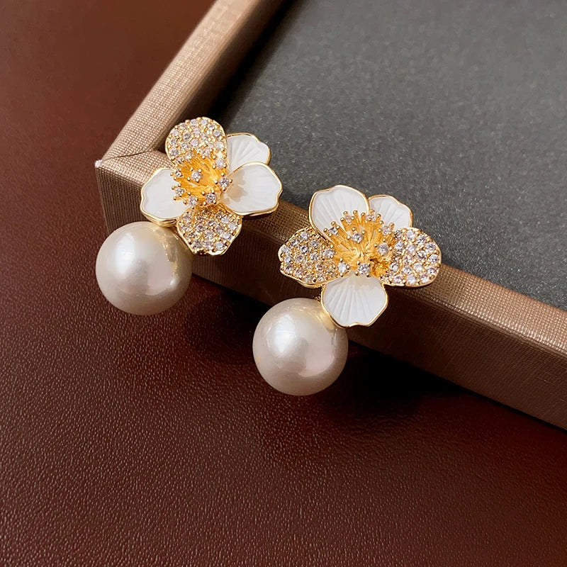 Sweet Flower Enamel Pearl Stud Earrings for Women & Girls Fashion Stud Earrings SPOT