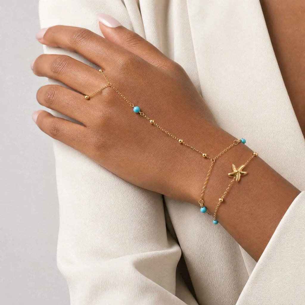 Starfish Hand Chain Bracelet – Turquoise Beads & Finger Ring Hand Chain Bracelet SPOT