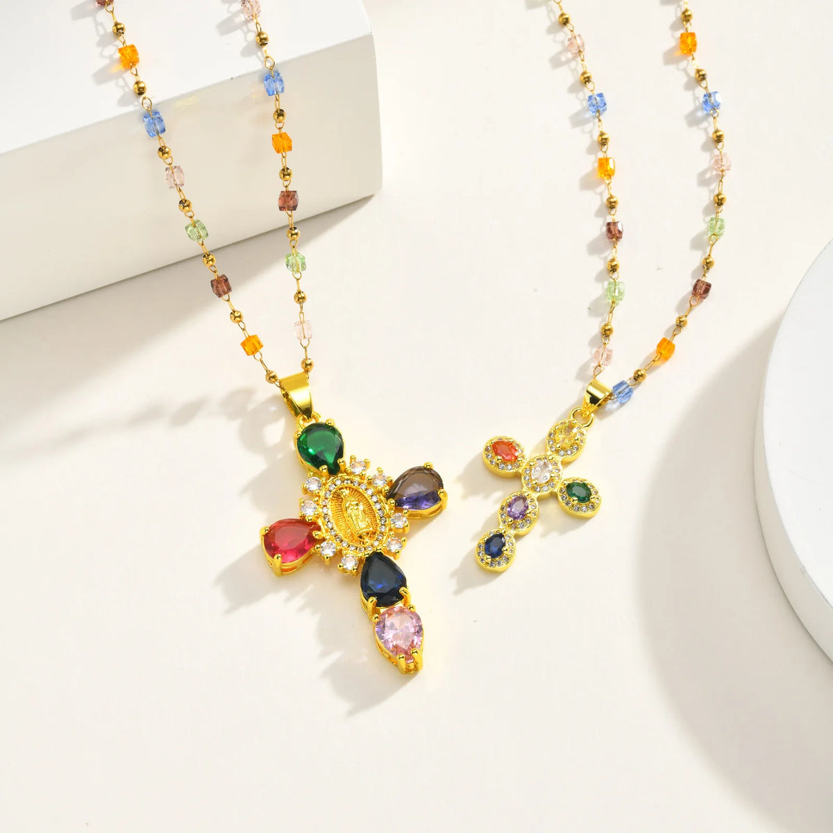 Multicolor CZ Cross Necklace – 18K Gold Plated Stainless Steel Cross Pendant Necklace SPOT