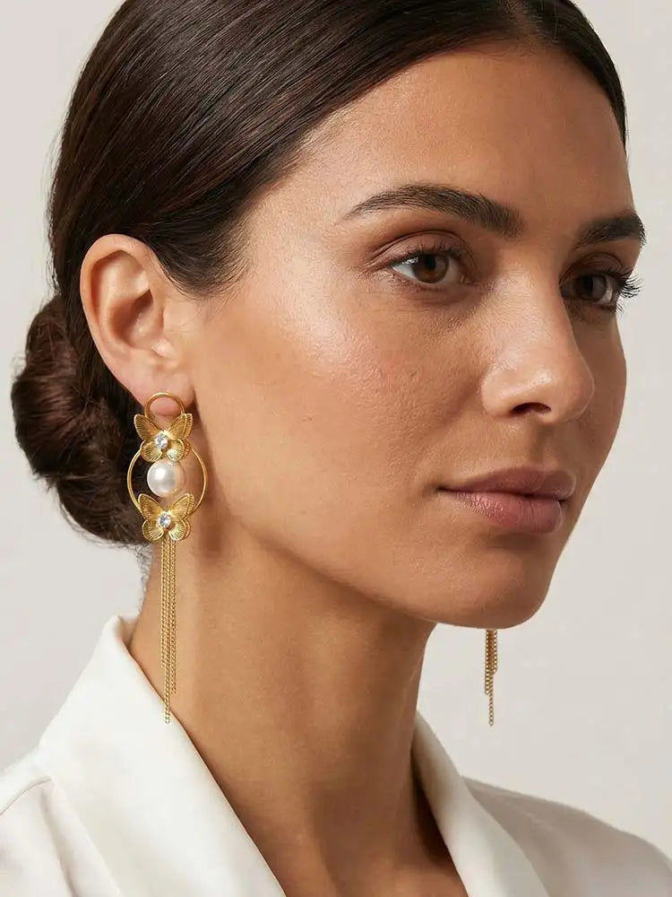 Vintage Gold Butterfly Tassel Earrings – 18K Gold Plated Dangle Drop Earrings SPOT