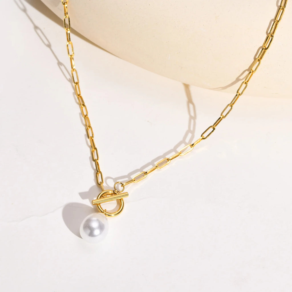 Mini Pearl Toggle Necklace – Gold Paperclip Chain for Women Pearl Pendant Necklace SPOT