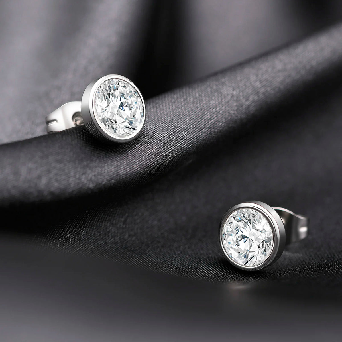 8MM Cubic Zirconia Round Stud Earrings – Stainless Steel Silver Stud Earrings SPOT