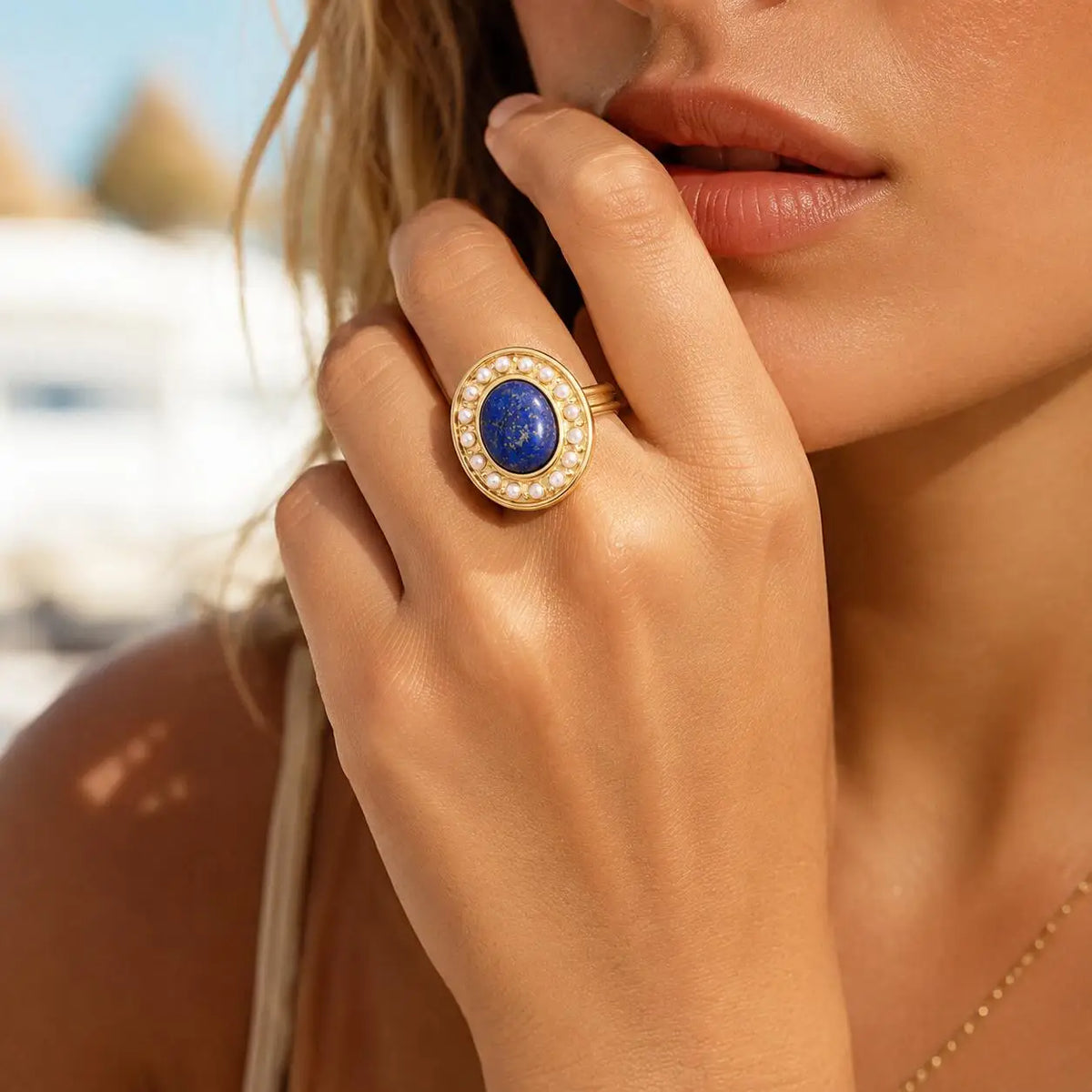 Vintage Lapis Lazuli Oval Ring – 18K Gold Open Band Cocktail Statement Ring SPOT