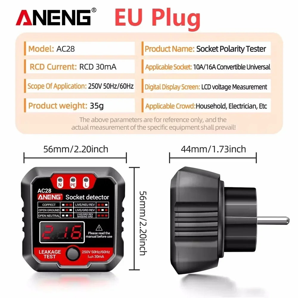 ANENG AC28 Socket Tester – LCD Polarity & Voltage Detector Socket Polarity Tester SPOT EU Plug(Black)