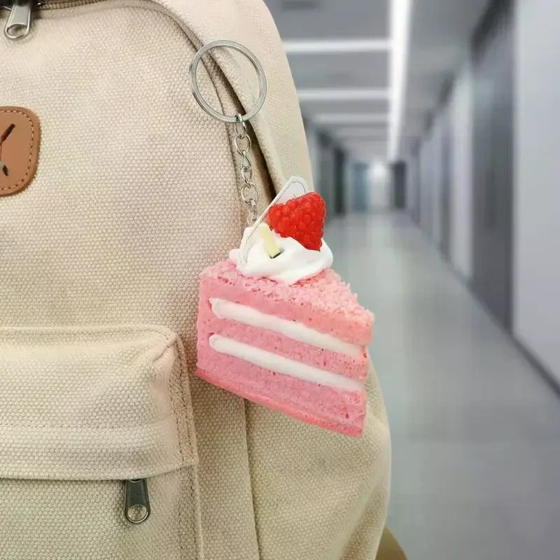 Realistic Cake Slice Keychain – PU Fruit Topping Bag Charm Novelty Keychain SPOT