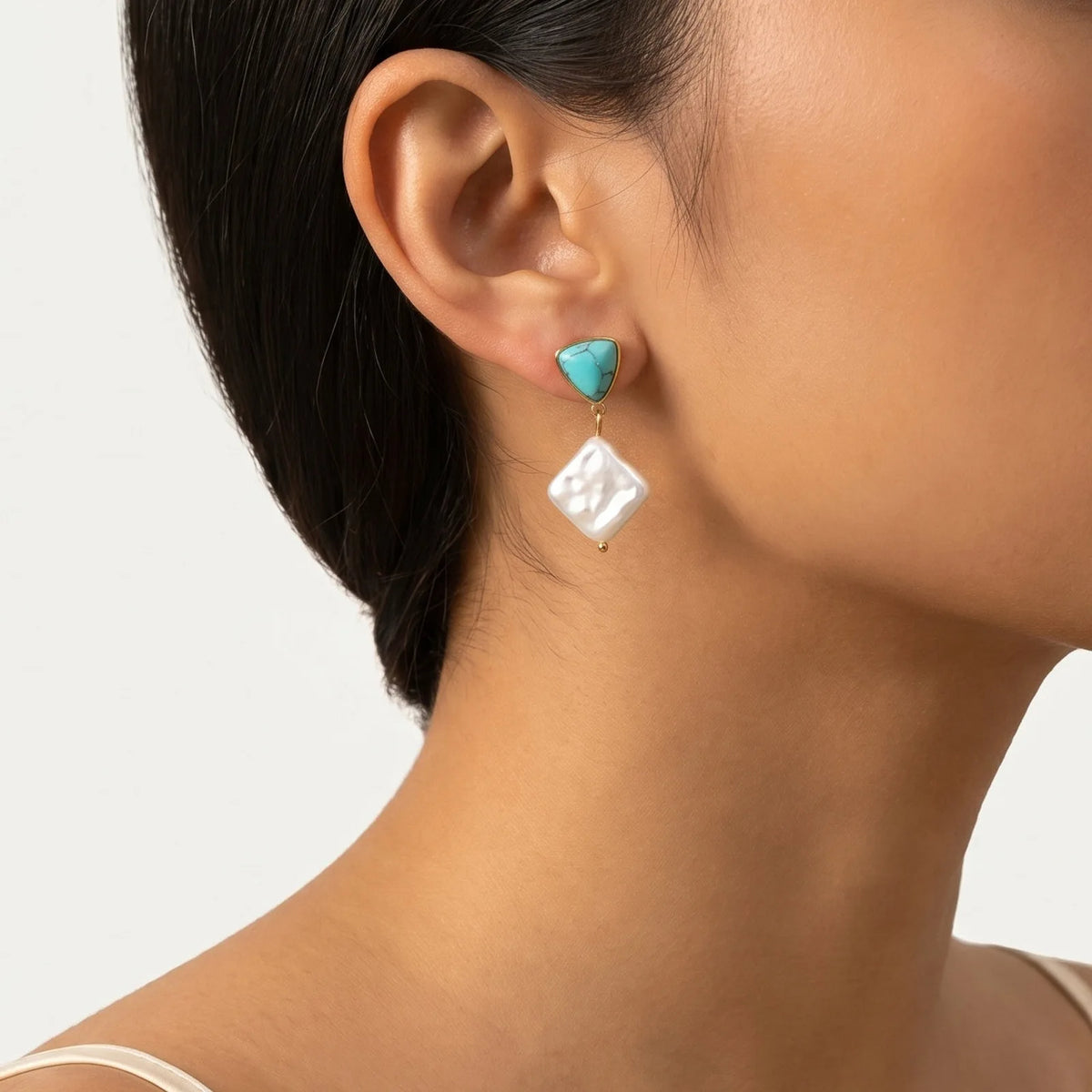 Turquoise Pearl Drop Earrings – 18K Gold Plated Dangle Drop Earrings SPOT