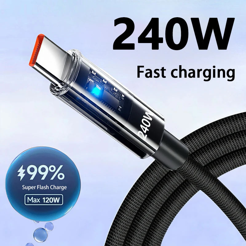240W USB-C Fast Charging Cable – LED Display, Nylon Braided USB-C Charging Cable SPOT