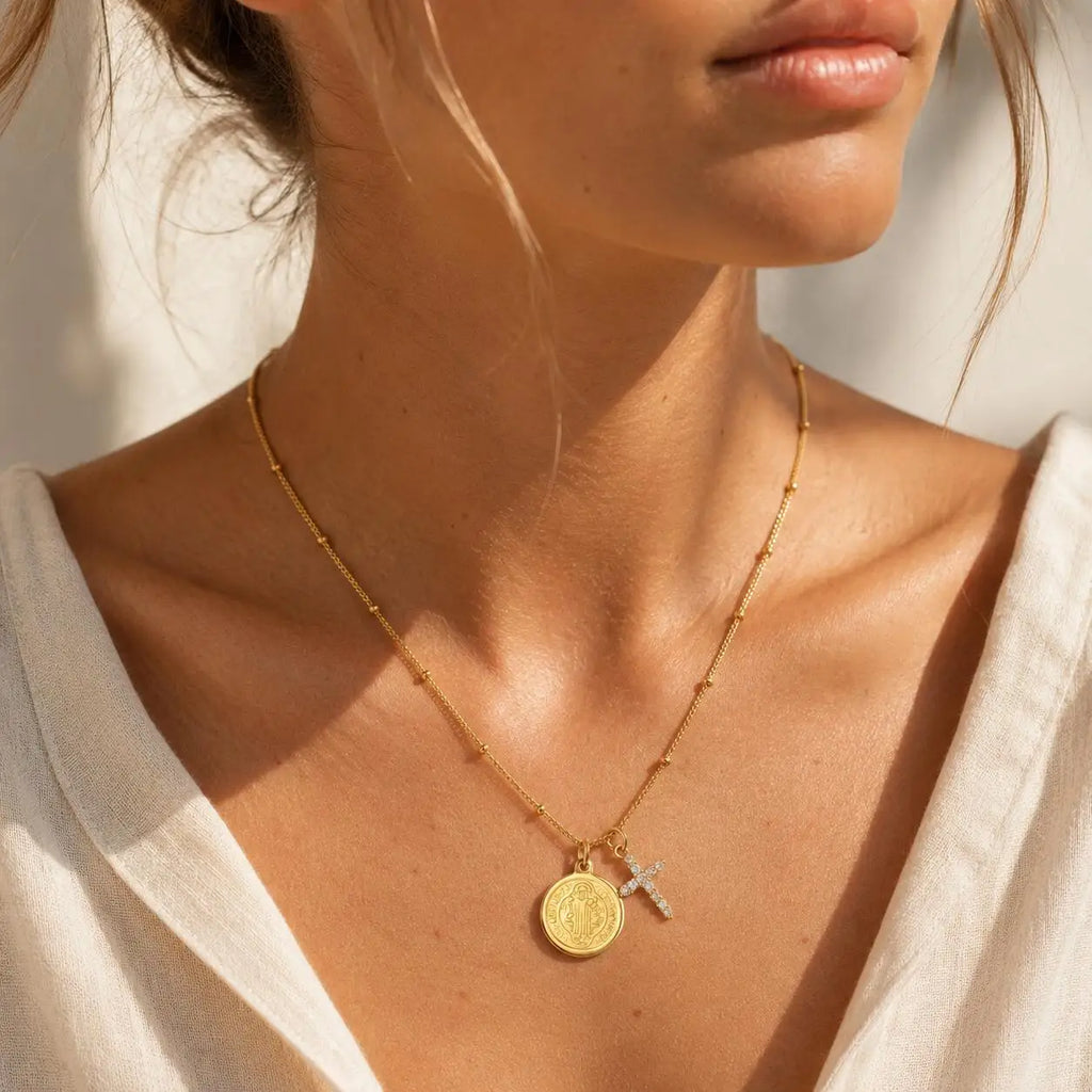 St Benedict Medal Cross Necklace – 18K Gold Stainless Steel Religious Pendant Necklace SPOT