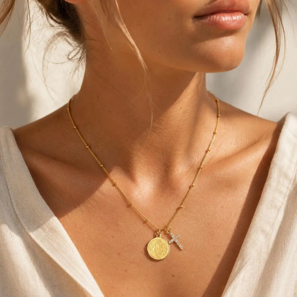 St Benedict Medal Cross Necklace – 18K Gold Stainless Steel Religious Pendant Necklace SPOT