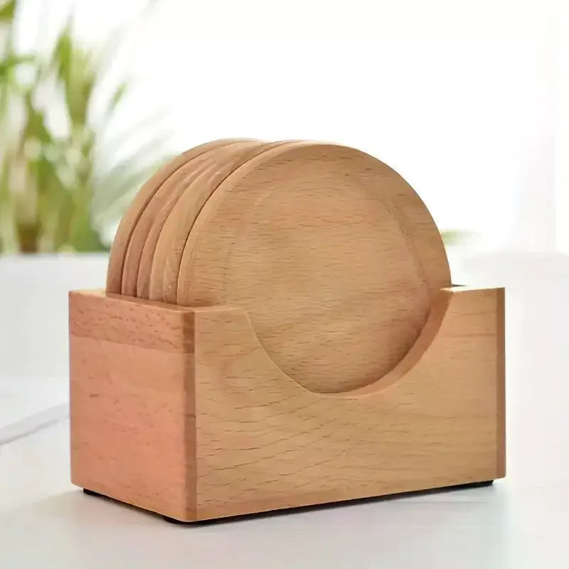 Natural Bamboo Coaster Set 6-Piece with Storage Holder Bamboo Coaster Set SPOT