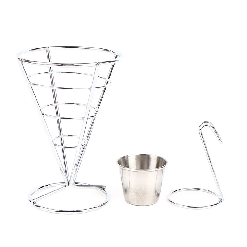 Stainless Steel French Fry Cone Basket Stand with Sauce Cup Fry Serving Basket SPOT