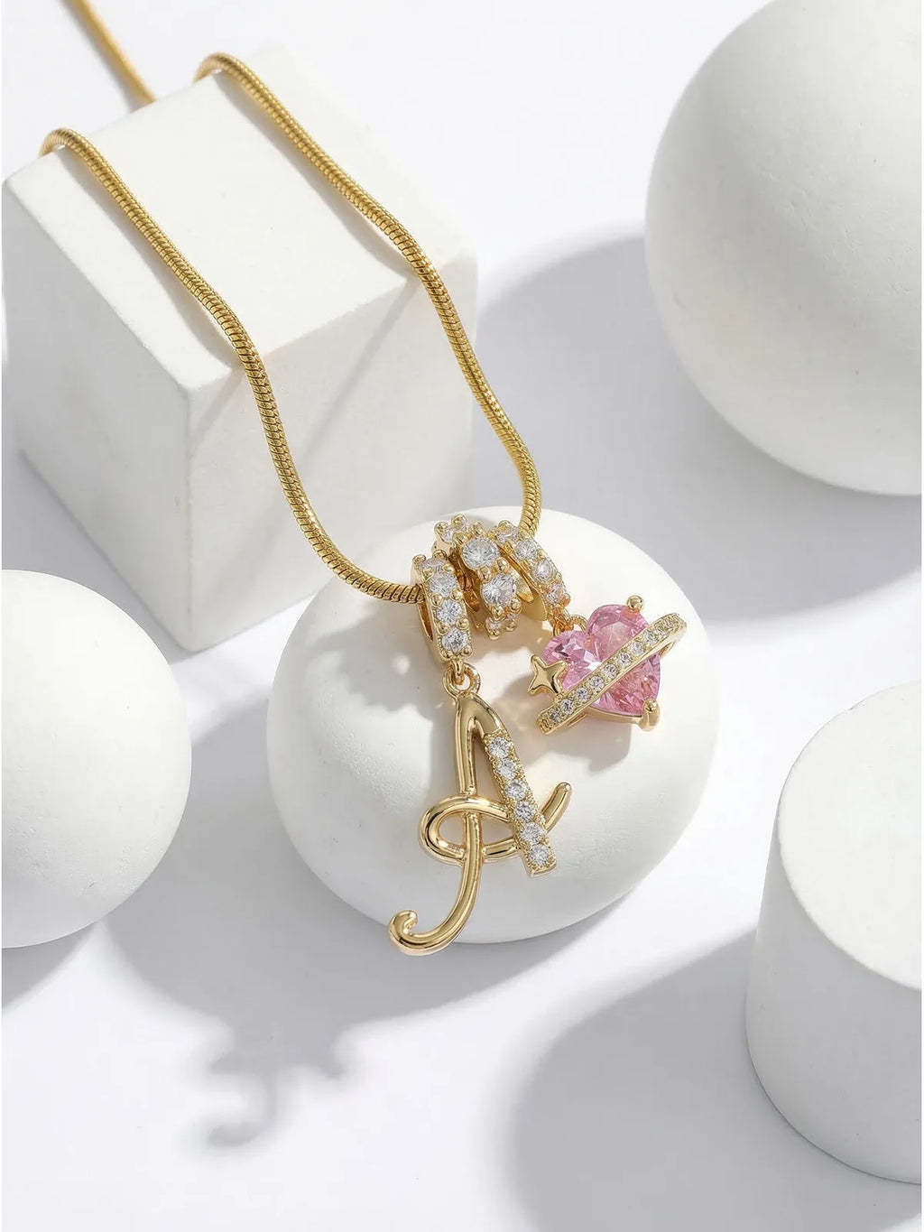 Initial Letter Necklace – Pink Crystal Heart Pendant, 18K Gold Initial Pendant Necklace SPOT