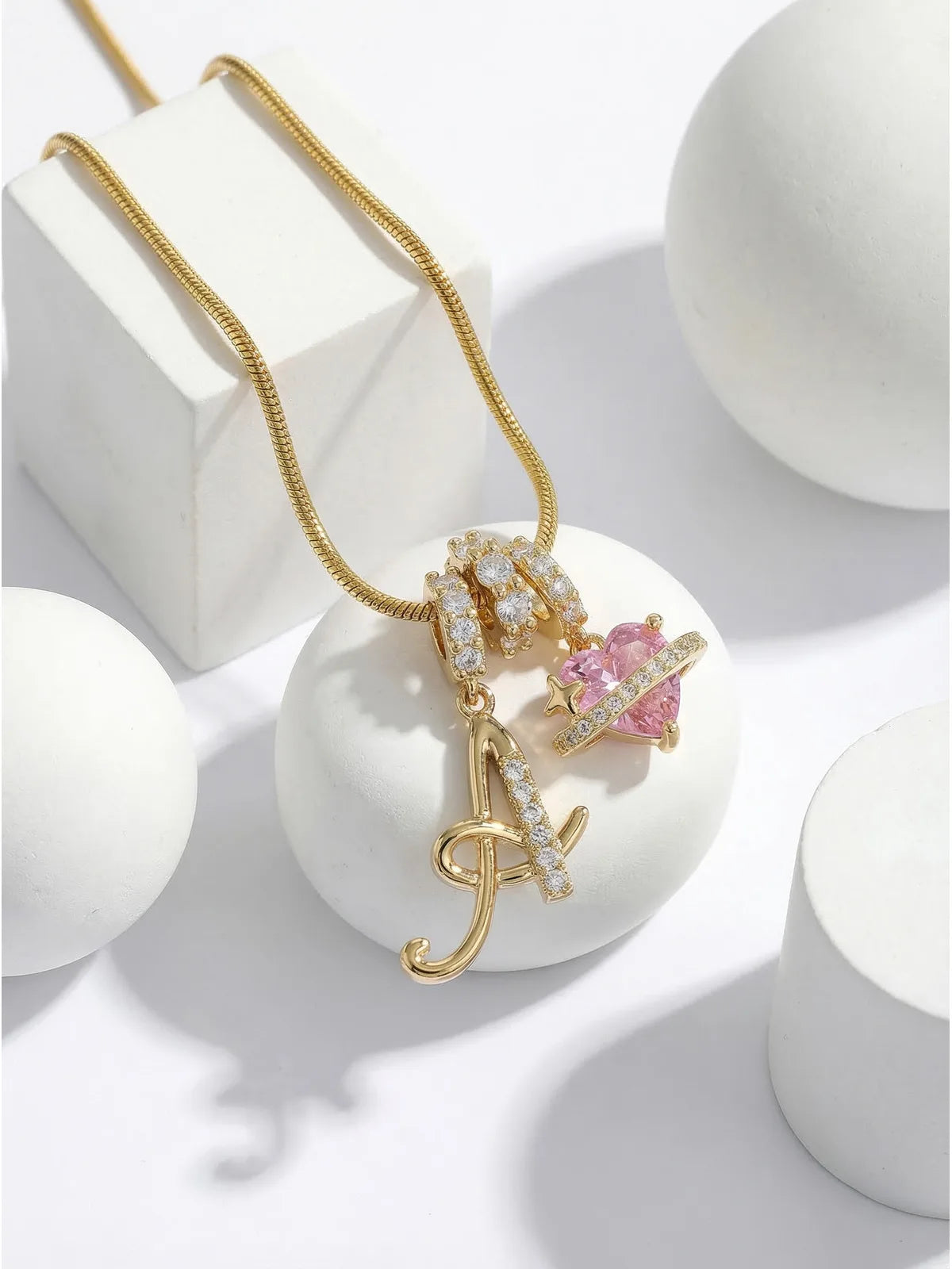 Initial Letter Necklace – Pink Crystal Heart Pendant, 18K Gold Initial Pendant Necklace SPOT