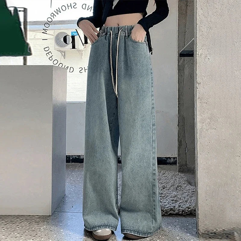 Women's High Waist Wide Leg Jeans – Elastic Waist Denim Wide Leg Jeans SPOT Blue M
