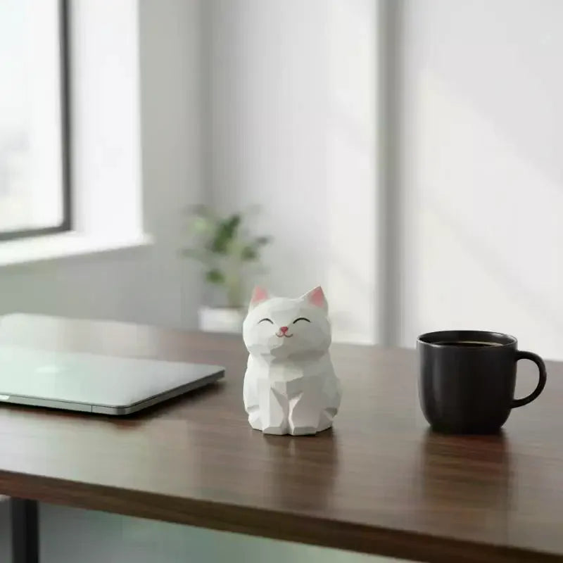 Handmade White Cat Figurine – Wooden Carved Home Décor Statue Decorative Figurine SPOT