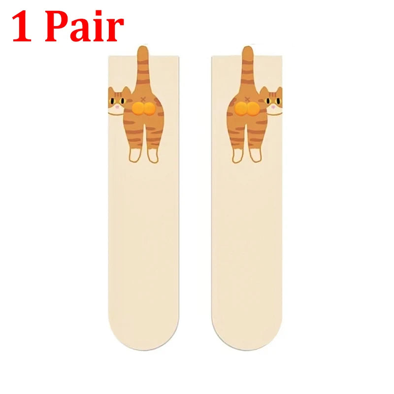 Funny 3D Cat Cartoon Mid-Tube Cotton Socks | Cute Gift Novelty Cotton Socks SPOT 1 pair white One Size