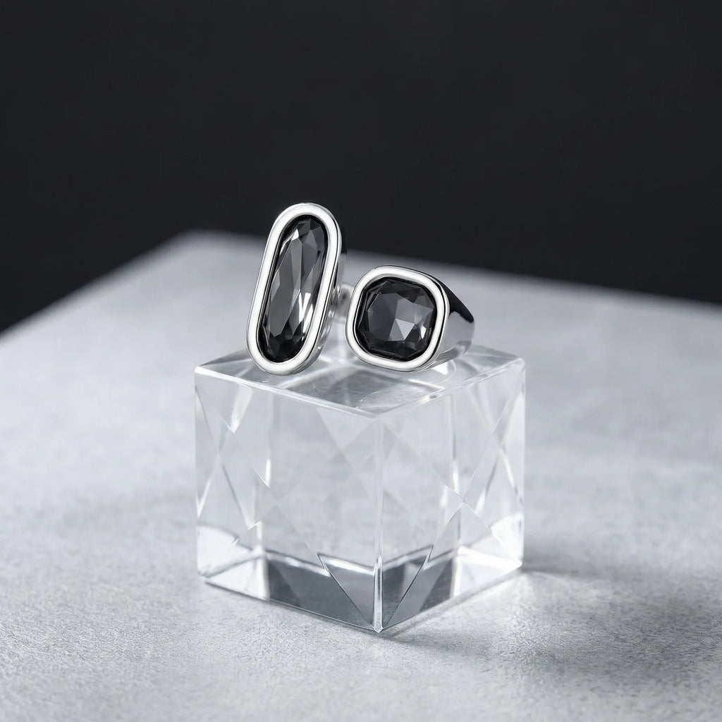 Silver Geometric Open Ring – Black Acrylic Stone, Adjustable Statement Ring SPOT