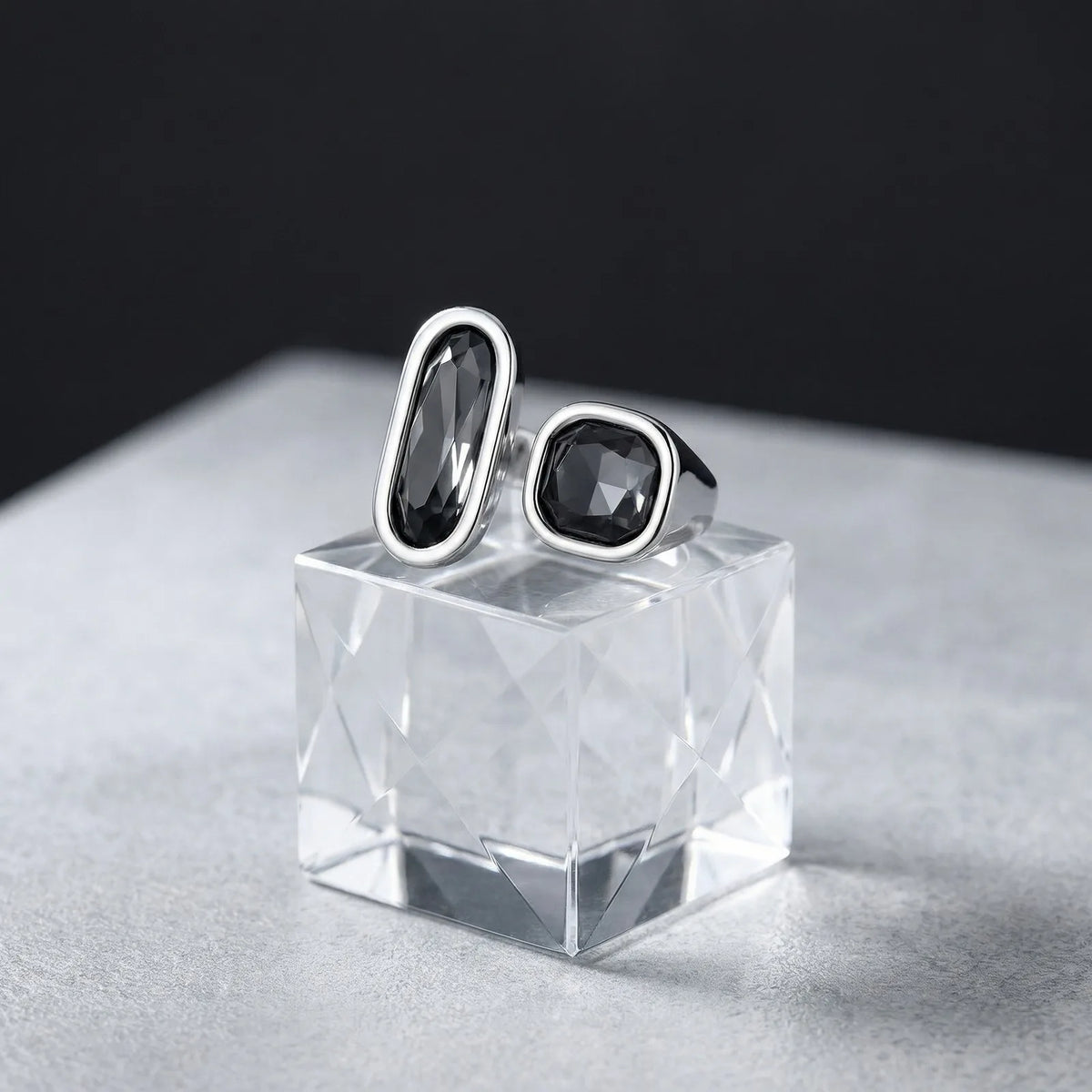 Silver Geometric Open Ring – Black Acrylic Stone, Adjustable Statement Ring SPOT