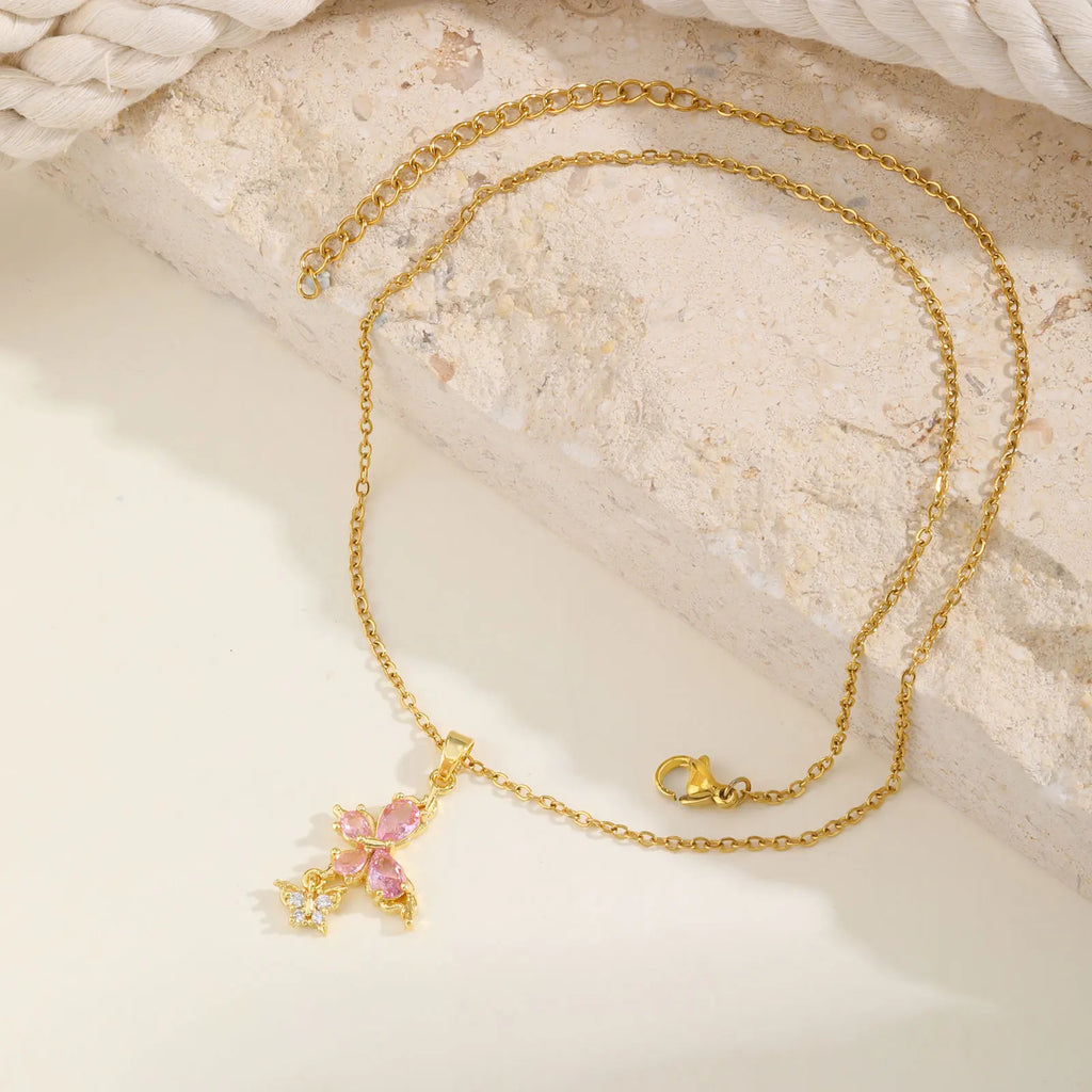 Double Butterfly Necklace – 18K Gold Plated Pink CZ Pendant Pendant Necklace SPOT