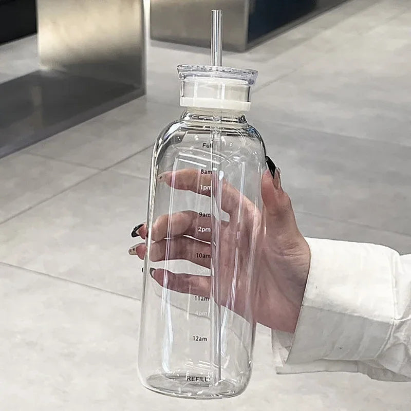 Glass Water Bottle with Time Marker, Lid & Straw – 550/750ml Glass Water Bottle SPOT
